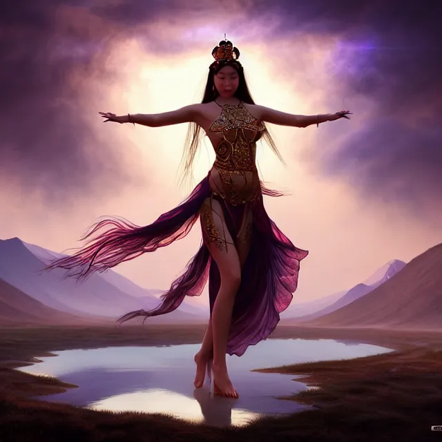 Prompt: beautiful 3 d render of a sexy mongolian queen goddess in a sensual pose, spreading her wings, sexy face, atmospheric lighting, intricate, volumetric lighting, beautiful, rich deep colours masterpiece, sharp focus, ultra detailed, in the art style of bowater, charlie, brom, gerald, with lake baikal in the background, astrophotgraphy