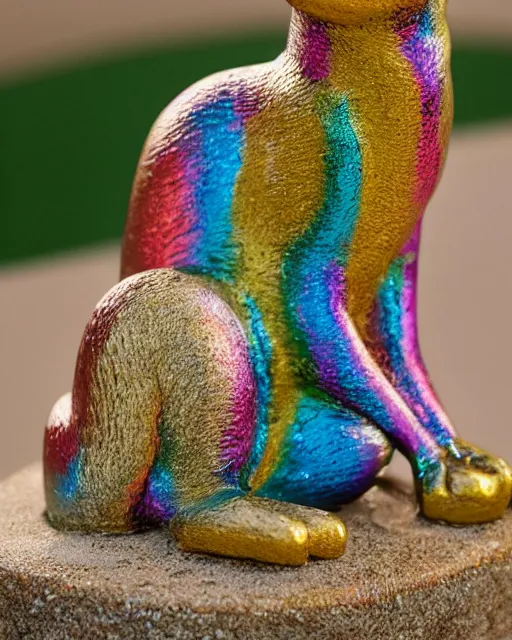 Image similar to a metallic multicolored statue of a meerkat