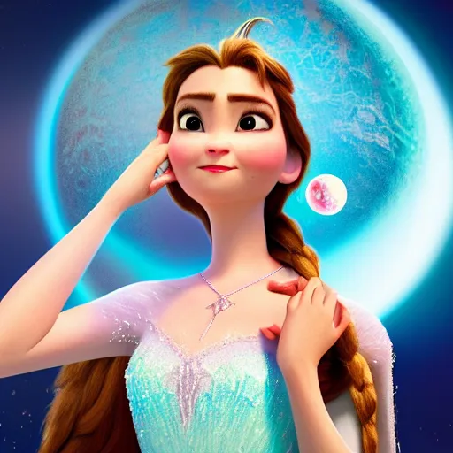 Prompt: closeup of a woman wearing a neckless with a glowing planet Saturn as the pendant, the rings are glowing around the planet, the woman's hand reaching for the pendant, in the style of Disney frozen