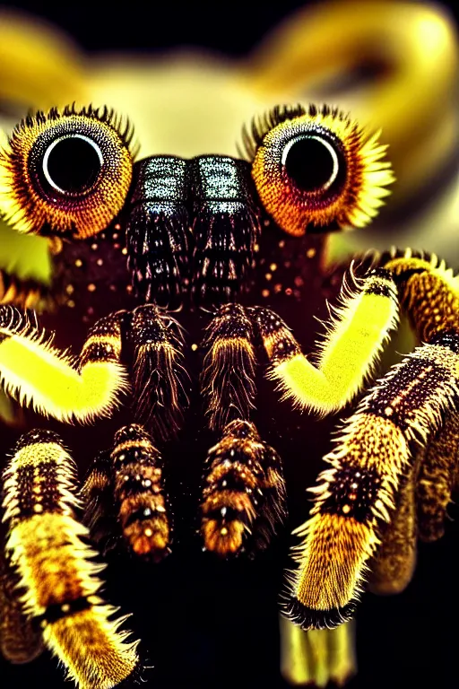 Image similar to high quality close-up photo gothic pearlescent tarantula! jewelled gorgeous! highly detailed david ligare elson peter cinematic yellow neon lighting high quality low angle hd 8k sharp shallow depth of field