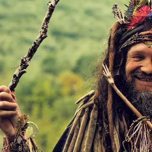 Prompt: hippie tribal hobo witch doctor wearing twigs and leaves smiling sheepishly, campfire, bong, water pipe, grassy hills, highly detailed, dramatic lighting, night time, cinematic, hyperrealistic, detailed, movie still from game of thrones