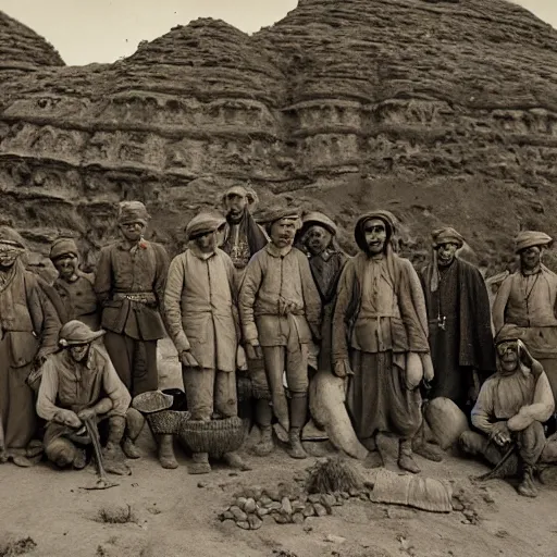 Prompt: ultra detailed photorealistic sepia - toned photo from 1 9 1 7, 5 clean - shaven british soldiers standing with bedouin traders in traditional arab garb, at an archaeological dig site in wadi rum, ultra realistic, painted, intricate details, lovecraft, atmospheric, dark, horror, brooding, highly detailed, by clyde caldwell