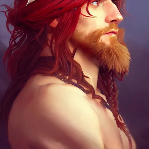 Image similar to portrait of a young ferocious pirate, male, masculine, upper body, red hair, long hair, soft hair, D&D, fantasy, intricate, elegant, highly detailed, digital painting, artstation, concept art, matte, sharp focus, illustration, art by Artgerm and Greg Rutkowski and Alphonse Mucha