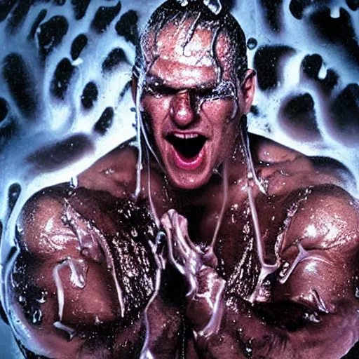 Image similar to 1 9 9 0's wwe publicity photo, a giant muscular man covered in wet reflective slime crawling halfway out of a giant slimy wet cocoon, screaming in agony, inside a secret occult dark evil lab, candles and pentagrams, ultra - detailed, photorealistic