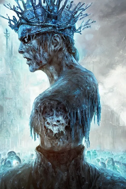 Image similar to frozen zombie man with a crown, eyes glowing blue, saling ship in the background, is at dawn and bluish, fantasy, intricate, elegant, digital painting, highly detailed, artstation, sharp focus, illustration, concept art, ruan jia, steve mccurry