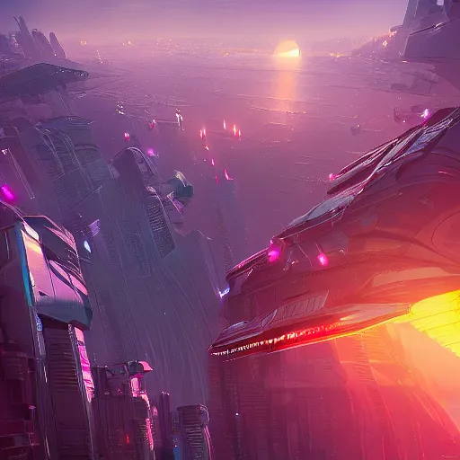 Prompt: Flying spaceships over a cyberpunk city at sunset by Sparth, neon lights, concept art, artstation