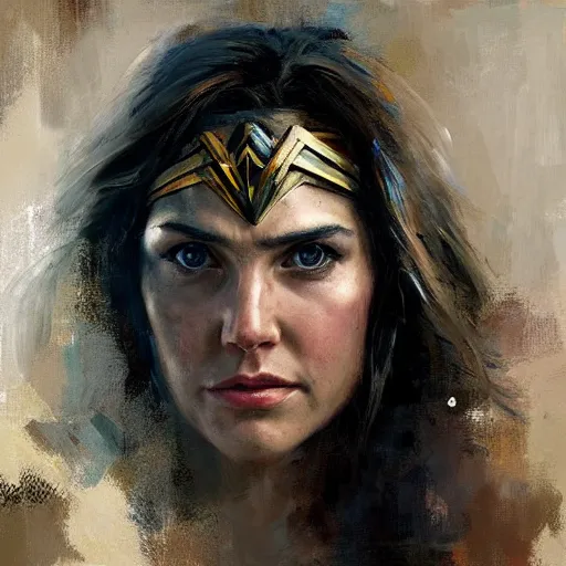 Image similar to face protrait of wonder woman, realistic, ultrahd, jeremy mann painting