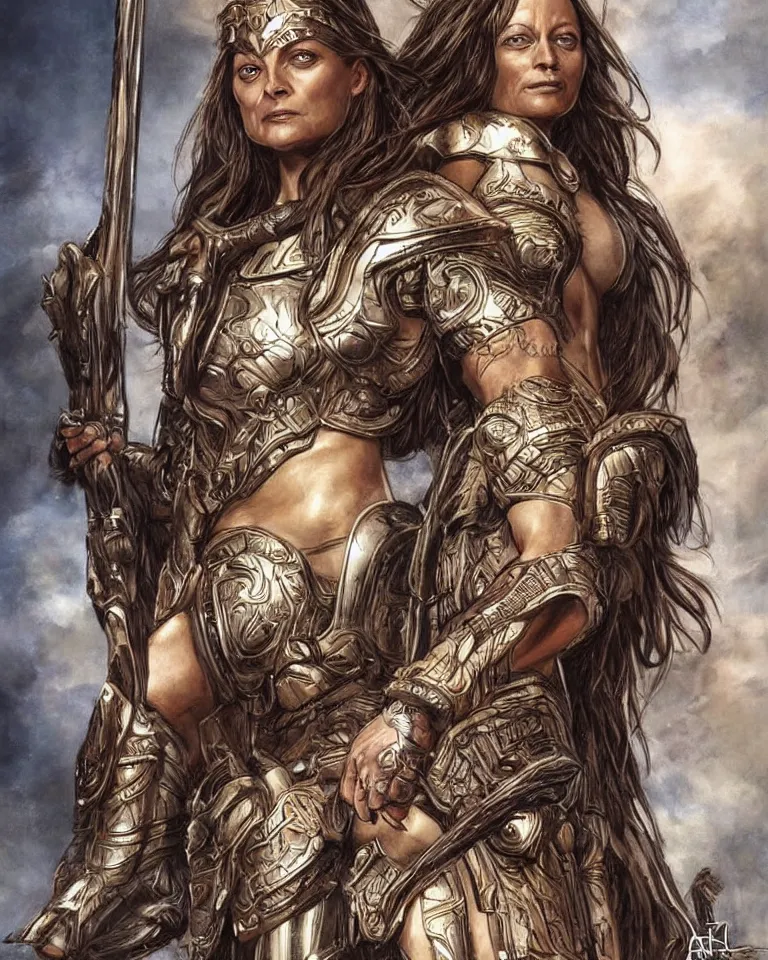 Prompt: jodie foster as an amazon warrior, tall and beautiful with brown skin and long hair, dressed in hellenistic body armor, intricate, elegant, highly detailed, smooth, sharp focus, detailed face, art by ardian syaf