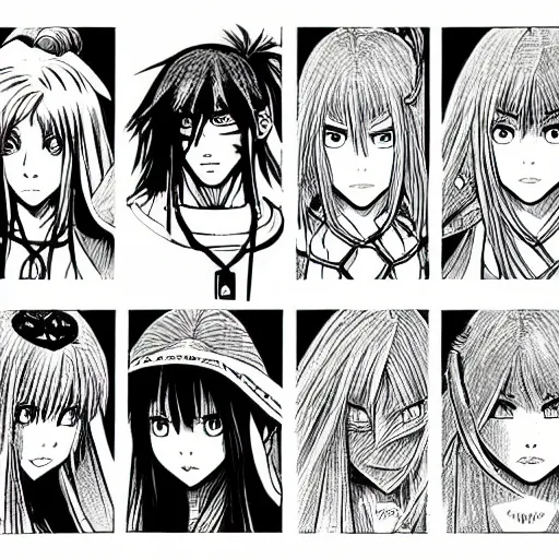 Prompt: prompt: 90's manga version of world of warcraft characters in black and white hyper detailed style, drawn by Botticelli, smaller details, 1980 manga style, graphic halftone details,