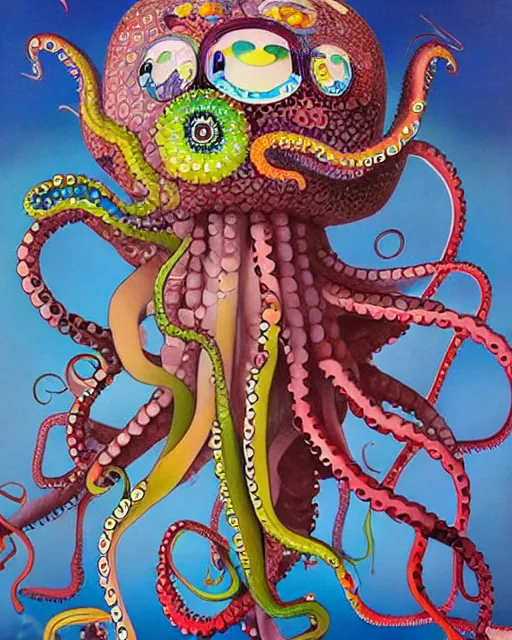 Image similar to Octopus goddess, a painting of a weird creature with a weird hat, a surrealist painting by Takashi Murakami, trending on deviantart, pop surrealism, lowbrow, lovecraftian, whimsical