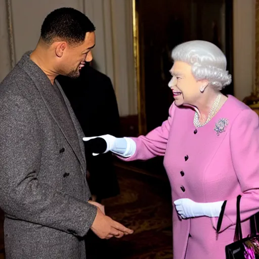 Image similar to Queen Elizabeth slapping Will Smith