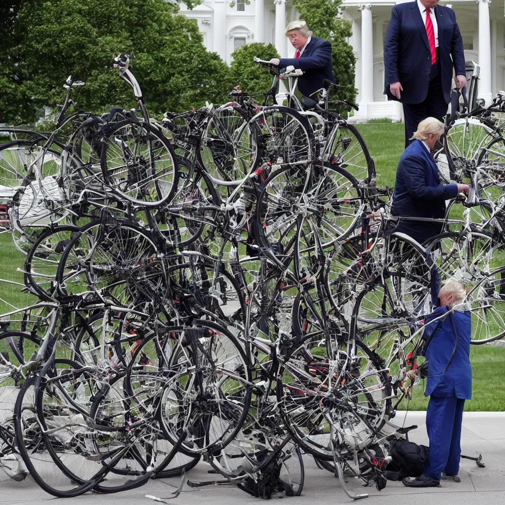 Image similar to trump repairs his bicycle outside the white house