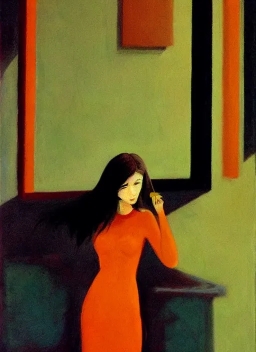 Prompt: a beautiful muse captivatingly dreaming and brushing her hair in front of a mirror made of existential void, the girl from the Ring crawling, in style of John Singer Sargant, Ilya Kuvshinov and Edward Hopper with eerie colors of Mark Rothko, highly detailed