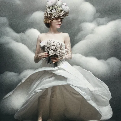 Image similar to meredit frampton a queen with a white large magnificent more and more vaporous ,wrapped ,hight decorated,detailed ,white roses cotton dress shooting surrounded by a bouquet of abstract white flowers and clouds during lightning storm ,surrealism 8k