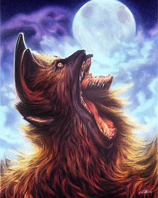 Image similar to werewolf howling, airbrush, drew struzan illustration art, key art, movie poster