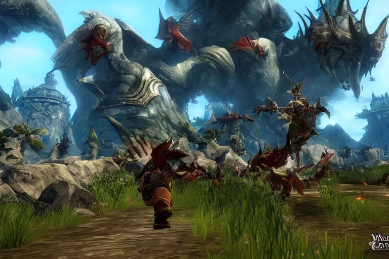 Prompt: Mario in the world of Guild Wars 2, game graphics, highly detailed