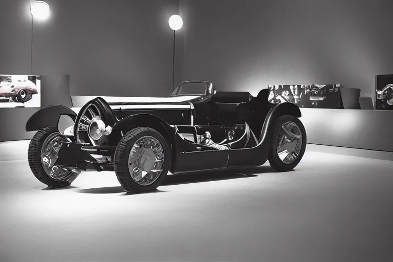 Image similar to cyberpunk 1 9 2 6 bugatti type 3 5, volumetric lighting, in a museum, museum exhibit, museum lighting, 9 0 s film photo