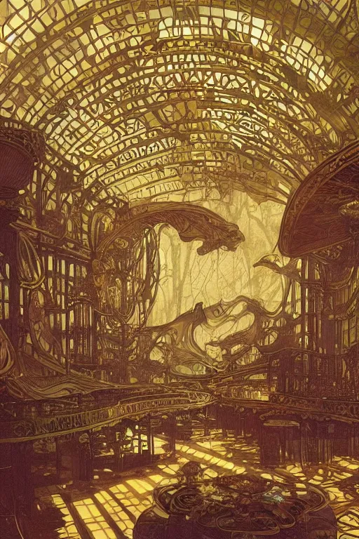 Image similar to interior of steampunk crystal palace, art nouveau, epic composition, soft lighting, ultra - wide view, by hiroshi yoshida, moebius