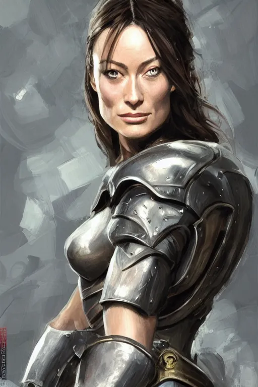 Image similar to a professionally painted portrait of Olivia Wilde, clothed in ancient battle armor, olive skin, long dark hair, beautiful bone structure, symmetrical facial features, scar across face, intricate, elegant, digital painting, trending on Artstation, concept art, smooth, sharp focus, illustration, from Metal Gear by Ruan Jia and Mandy Jurgens and Artgerm and and william-adolphe bouguerea, award winning