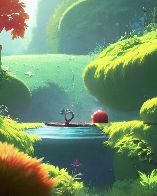 Image similar to a giant caterpillar taking a bath in a well with lush vegetation around in autumn, cory loftis, james gilleard, atey ghailan, makoto shinkai, goro fujita, character art, rim light, exquisite lighting, clear focus, very coherent, plain background, soft painting