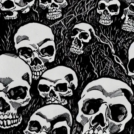 Image similar to Skulls lying under a dead tree. Close Up Shot, Dark Fantasy, Film Noir, Black and White. High Contrast, Mike Mignola, D&D, OSR