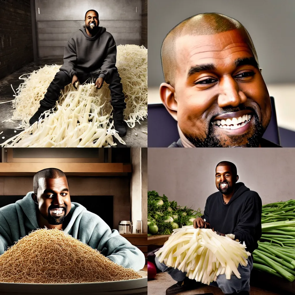 Prompt: Kanye West smiling as he sits in a big pile of onions in his bedroom, cyberpunk dystopia