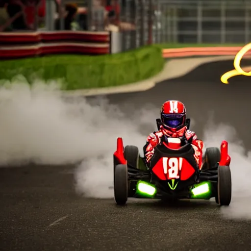 Prompt: young gokart racer taking a corner at speed on a race track, motion blur lights, laser, smoke, debris, fast movement