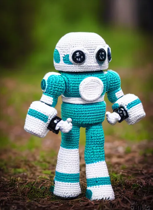 Prompt: a crochet mecha with a crochet sword, realistic, no cropping, full body, Sigma 50 mm f/1.4