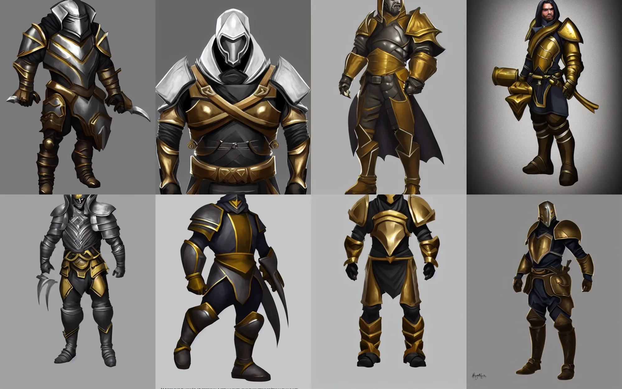 Prompt: male rogue heavy armor, trending on artstation, silver, gold trim, fantasy character art, smooth shading, extremely clean, uncluttered, high-quality, exaggerated proportions, very professional