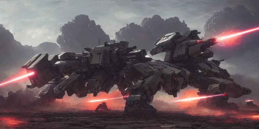 Prompt: an armored core on the ground, booster flares, legs, laser rifles, karst landscape, clouds, daylight ; detailed illustrations, pastel tones, deep colors, clear lines, by jordan grimme, greg rutkowski