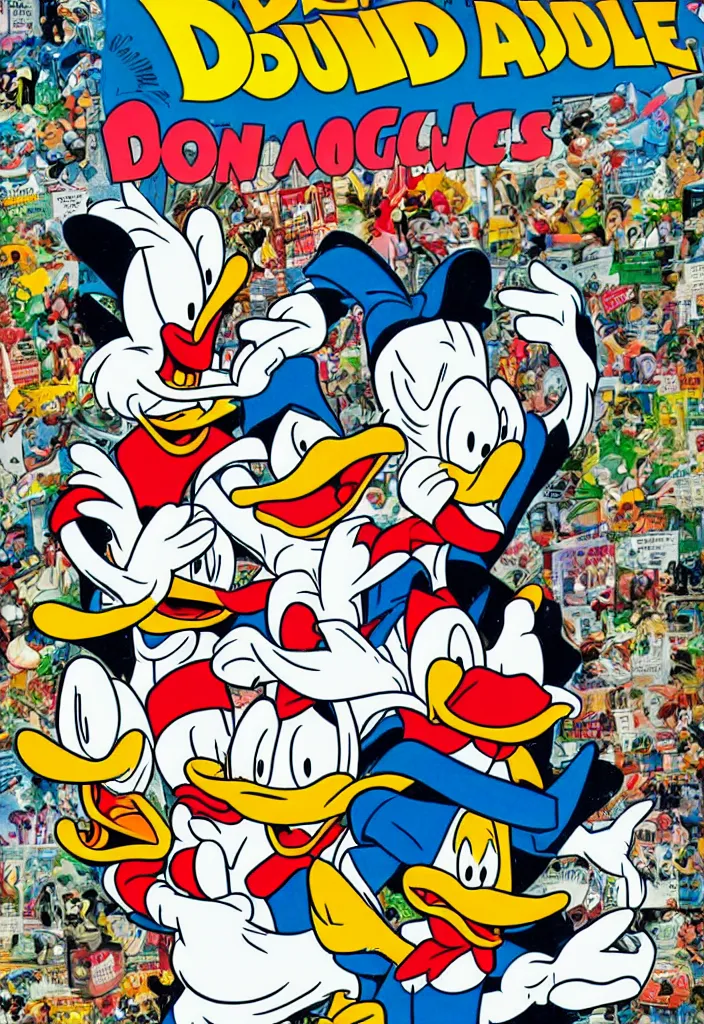 Image similar to donald duck's drug addiction, comic book cover by don rosa