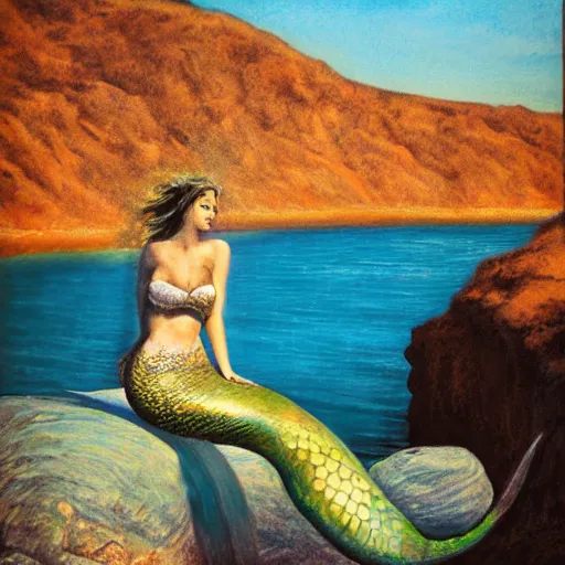 Prompt: a mermaid on a rock by the sea, watching the sun