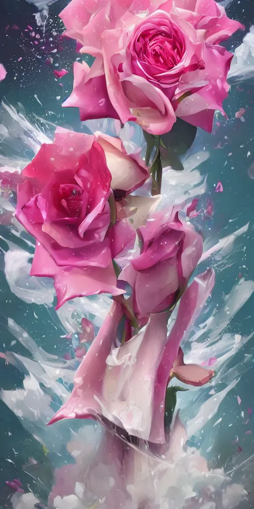 Image similar to magic invisible blade slicing through a bouquet of white and pink roses, flowers exploding and spraying, big puffy clouds, sharp rain, large rose petals, lotus petals, large polygonal background elements, large polygons, dramatic anime, dramatic lighting, artgerm, manga, trending on artstation, art nouveau, mature colors