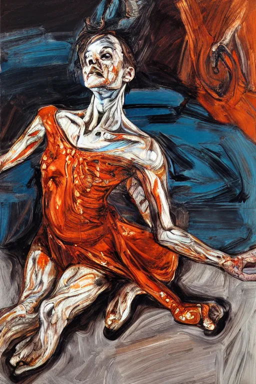 Image similar to high quality high detail painting of a ballerina in agony by lucian freud and jenny saville and francis bacon, hd, dark demonic dancer, turquoise and orange