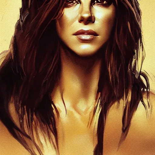 Image similar to closeup portrait of a kate beckinsale, seductive smile, soldier, army chiaroscuro, evil dead,, golden hour, dramatic lighting, complementary contrast, high detail, painted by greg rutkowski, painted by igor kieryluk, trending on artstation