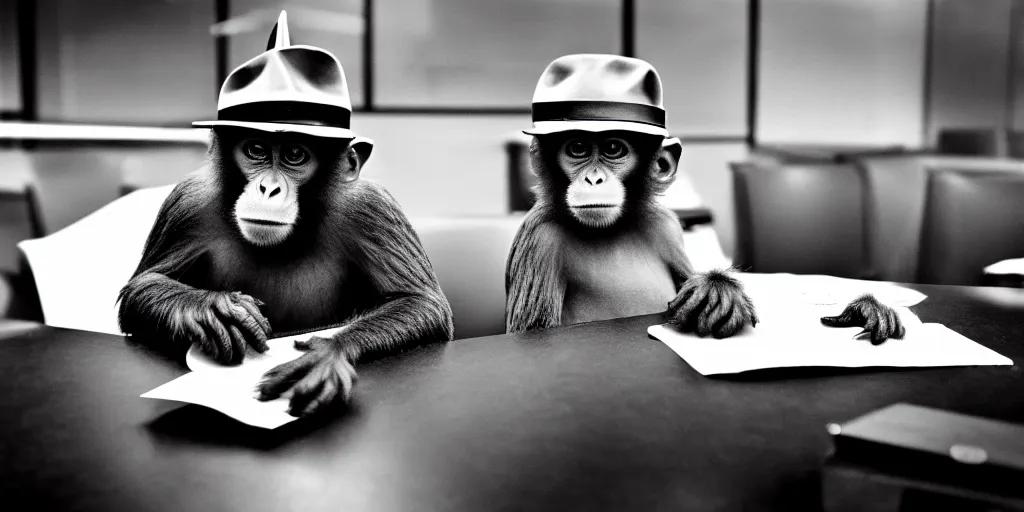 Image similar to monkey working at a bank, monkey clerk, monkey wearing nice hat, cinematic, realistic, high detail