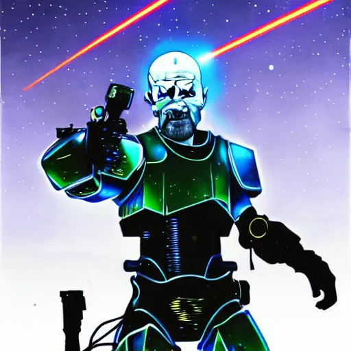 Image similar to Walter White firing lasers from his cybernetic battle armor, highly detailed, centered, concept art, 4k