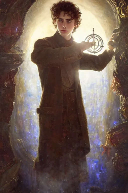 Image similar to timothee chalamet as doctor who, radiant light, caustics, heroic, bright iridescent light, by gaston bussiere, bayard wu, greg rutkowski, maxim verehin bloom dramatic lighting