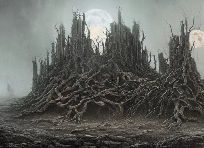 Image similar to a dramatic matte painting of The Tomb in the dystopian landscape is opening through the ground, the dead has arisen under the glowing moon, dead trees and a brooding landscape by Giger and Dariusz Zawadzki and Beksinski