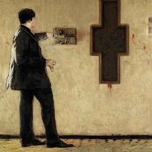 Image similar to a man and a woman solving an escape room puzzle, mysterious markings on the wall, by alfred stevens