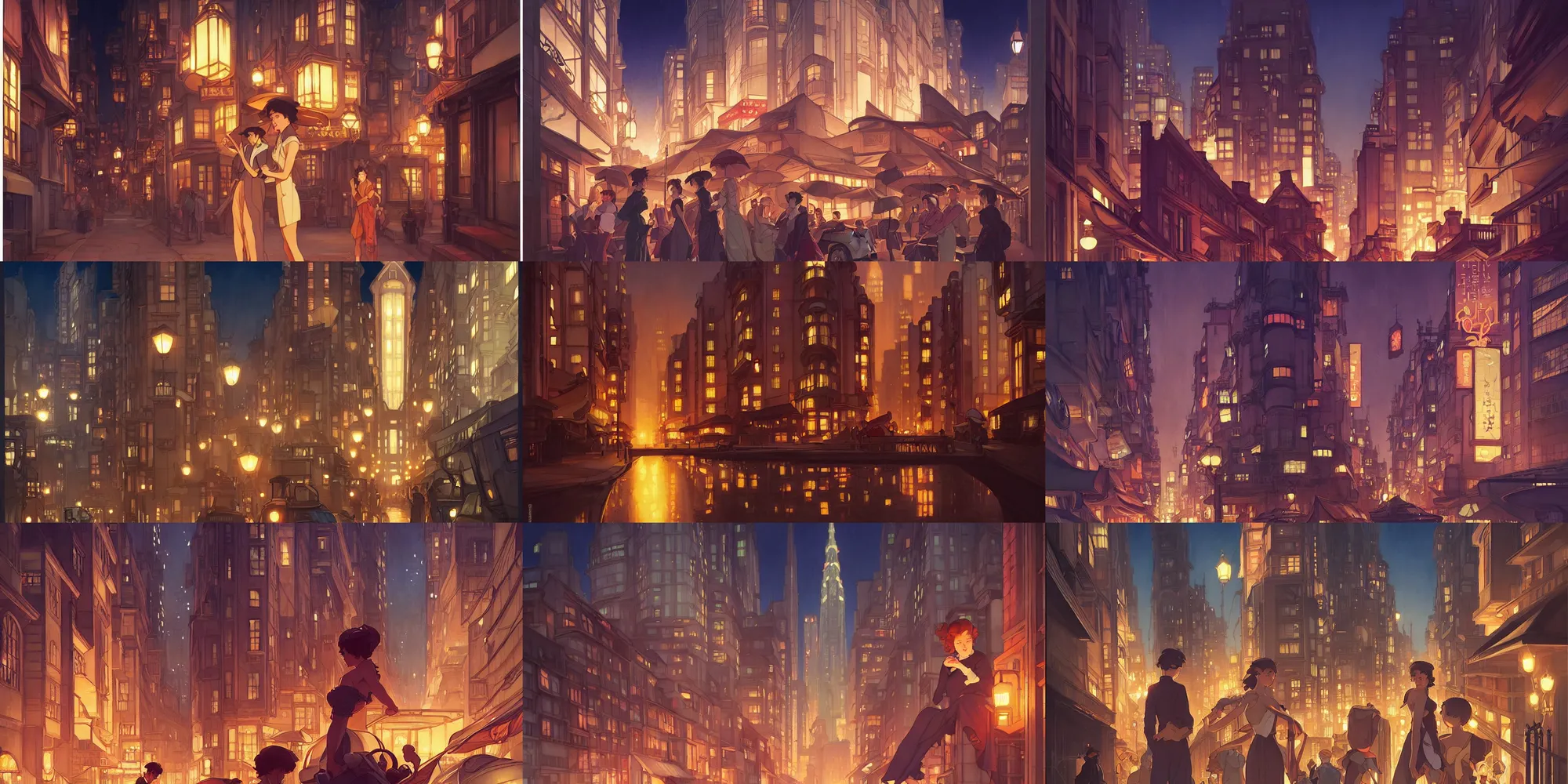 Prompt: city at night, in the style of studio ghibli, j. c. leyendecker, greg rutkowski, artgerm