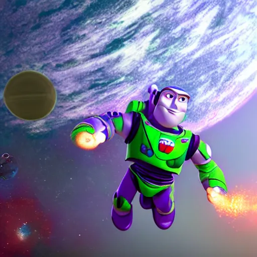 Prompt: a photorealistic photograph of a knitted Buzz Lightyear as Captain America flying through outer space Trending on Artstation, featured on Behance, well-rendered, Unreal Engine, 4K HD