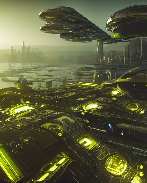 Image similar to Solarpunk space ship, futuristic utopia, scifi, green plants, golden engines, above city, fine details, atmosphere, glow, 8k highly detailed sharp focus, trending on artstation, Star Citizen