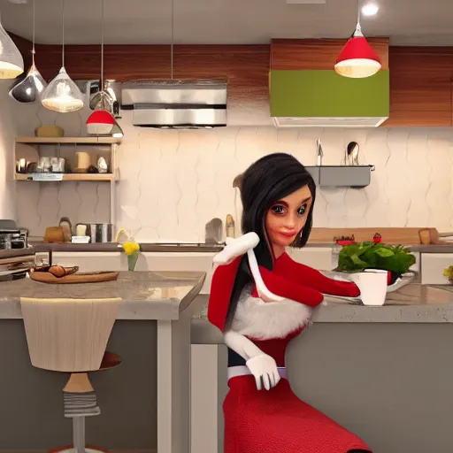 Image similar to Eva Elfie is waiting for her boyfriend for a morning omelet. Realistic render