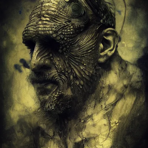 Image similar to collodion process photography of mutant fishman sailor old man with gills and scales creatures from the deep ocean by emil melmoth zdzislaw beksinki craig mullins yoji shinkawa realistic render ominous detailed photo atmospheric by jeremy mann francis bacon and agnes cecile ink drips paint smears digital glitches glitchart