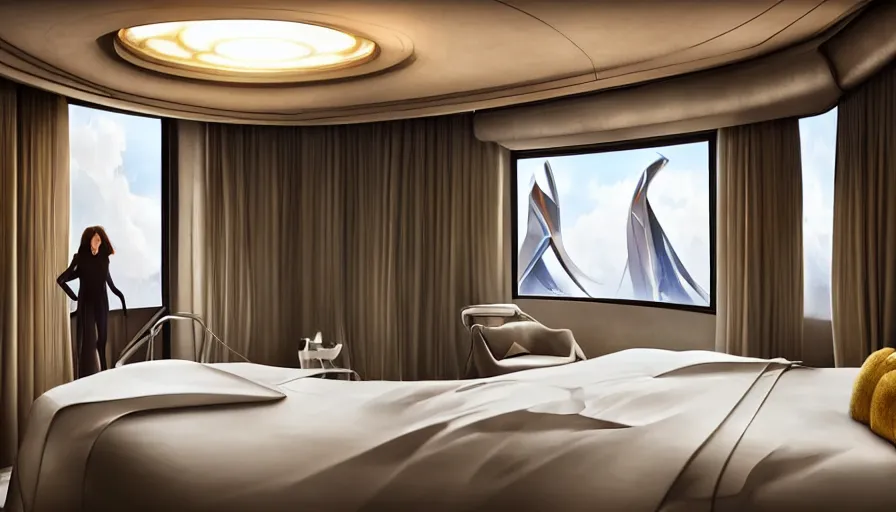 Prompt: a futuristic hotel room by artgerm and greg rutkowski and alphonse mucha, zaha hadid, volumetric light, detailed, octane render, midsommar