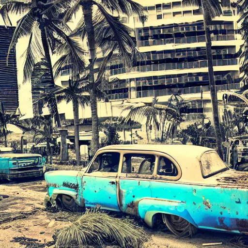 Image similar to wide angle shot of dilapidated fallout 5 miami, tropical coastal city, desolate, dilapidated, just a rusted retro futuristic vintage parked vehicles like cars, buses, trucks, trams, sunny weather, few clouds, volumetric lighting, photorealistic, daytime, spring, 4 0 0 0 k sharp focus, ultra detailed