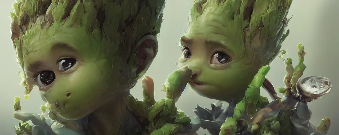 Image similar to portrait cute baby cannabis, marijuana, baby groot, realistic shaded perfect face, cinematic volumentric lighting, jim cheung, david marquez, mike deodato jr, ilya kuvshinov, makoto shinka, behance hd by jesper ejsing, by rhads, hyper detailed, octane render, concept art, artstation