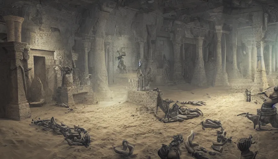 Prompt: egyptian crypt with torchs, cobwebs and statues, sand, adventure, hyperdetailed, artstation, cgsociety, 8 k