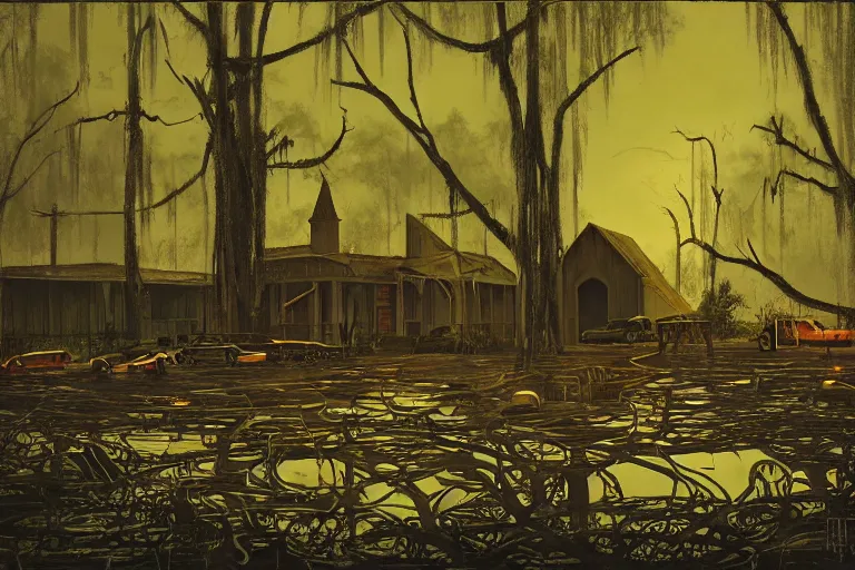 Image similar to scene from louisiana swamps, voodoo cult, old protestant church with neon satanic pentagram, junkyard by the road, boy scout troop, voodoo artwork by tim eitel